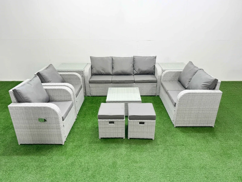 Image of Fimous PE Rattan Garden Furniture Set Adjustable Chair Sofa Double Love Seat 2 Seater Sofa Lounge Set Square Coffee Table 2 Stools 2 Side Table Light
