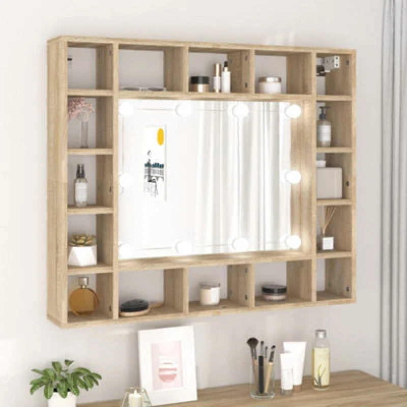 Image of vidaXL Mirror Cabinet with LED Sonoma Oak 91x15x76.5 cm, Brown 808867