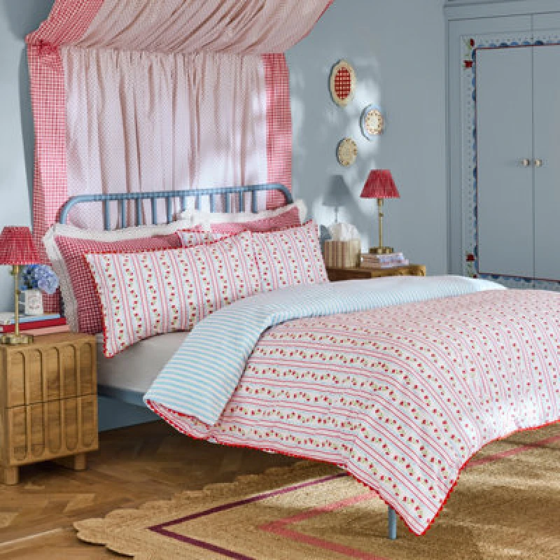 Image of Cath Kidston Treasure Floral Stripe Reversible Cotton Single Duvet Cover Set With Pillowcase Red / Navy
