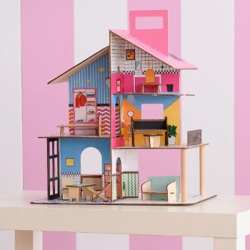 image of 360 Kids Wooden Doll house 3.5' Dolls & 12 Accessories Multi TD-13260C - Multi - Olivia's Little World