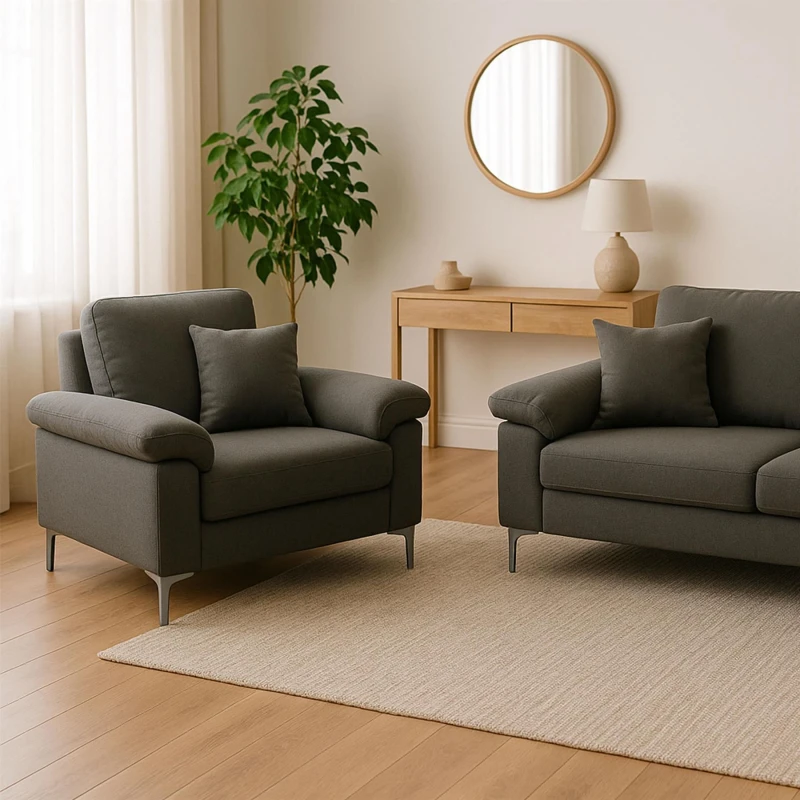 Image of KOSY KOALA KOSY KOALA Modern Grey Sofa 2 1 Seater Set Fabric with Chrome Feet - Comfortable Couch with Cushion for Living Room, Bedroom or Office Grey