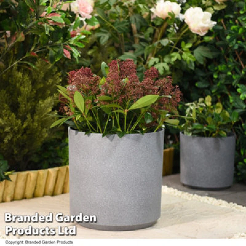 Image of Garden Gear Large Grey Cylinder Stone Effect Planter Outdoor Garden Plastic 36Cm (X2)