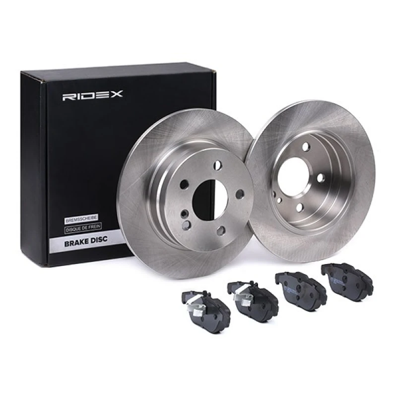 Image of RIDEX 3405B0974 Brake disc and pads set Rear Axle, Brake Disc Type: Solid, prepared for wear warning indicator, with piston clip Brake Set,disc brake
