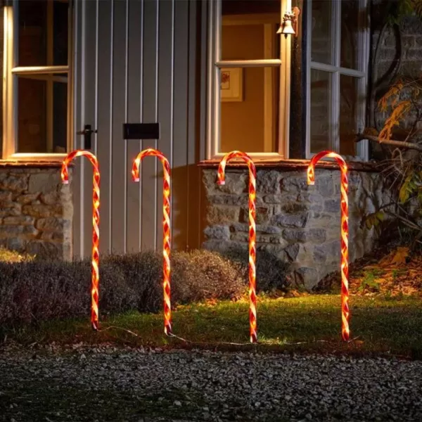 image of Set of 4 XL Light up Red & White Stripe Christmas Candy Cane Garden Stakes with LEDs