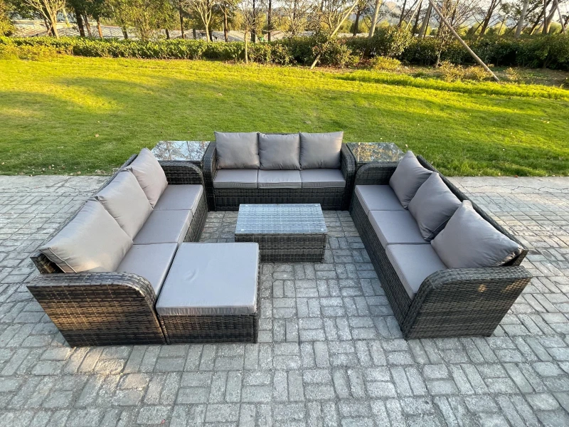 Image of Fimous Rattan Lounge Sofa Set 10 Seater Outdoor Garden Furniture Set with Rectangular Coffee Table 3 Seater Sofa 2 Side Tables Big Footstool Dark Grey
