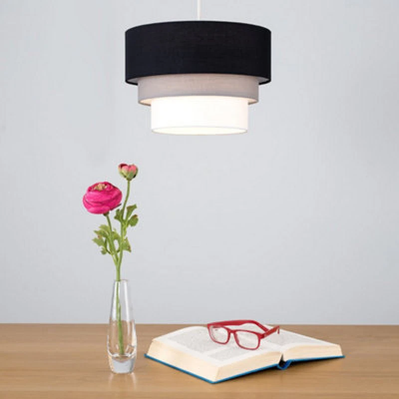 Image of ValueLights ValueLights Aztec Three Tier Easy Fit Fabric Ceiling Pendant Lamp Shade with Bulb in Black One Size Unisex 5055759939540