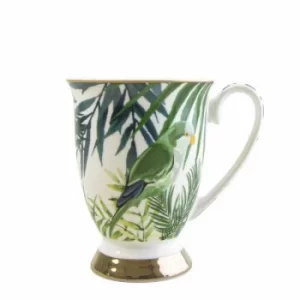 image of Tall Fancy Footed Mug in Emerald Eden Design with Leaves and Birds