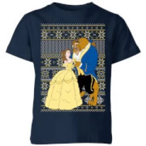 Image of Disney Classic Beauty and The Beast Pattern Kids Christmas T-Shirt - Navy - 11-12 Years