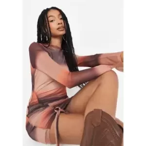 Missguided Ruched Side Mini Dress Ls Mesh Ombre - Brown