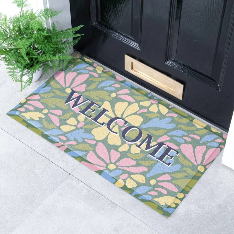 Image of Artsy Mats Welcome Pastel Flowers Doormat Size: 40cm x 70cm Multicolor Unisex 40cm x 70 cm