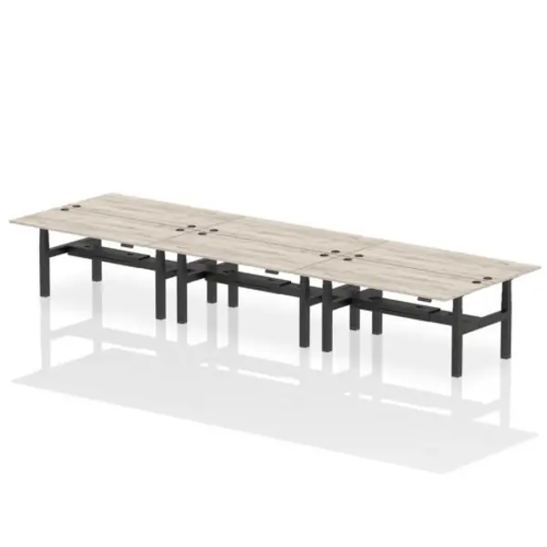 Image of Air Air Back-to-Back 1800 x 800mm Height Adjustable 6 Person Bench Desk Grey Oak Top with Cable Ports Black Frame HASCP6P18800GRYB
