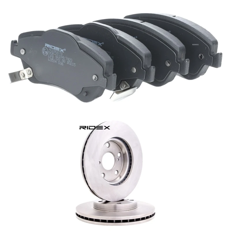 Image of RIDEX 3405B2612 Brake disc and pads set Front Axle, Brake Disc Type: internally vented, with acoustic wear warning Brake Set,disc brakes (3405)