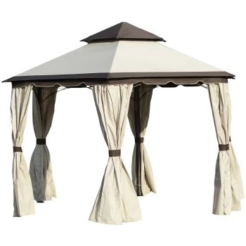 image of Outsunny 3.4m Steel Gazebo Canopy Party Tent Garden Pavilion Patio Shelter with Curtains & 2 Tier Roof, Beige