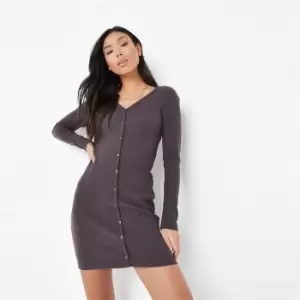 Missguided V Neck Button Dress - Brown