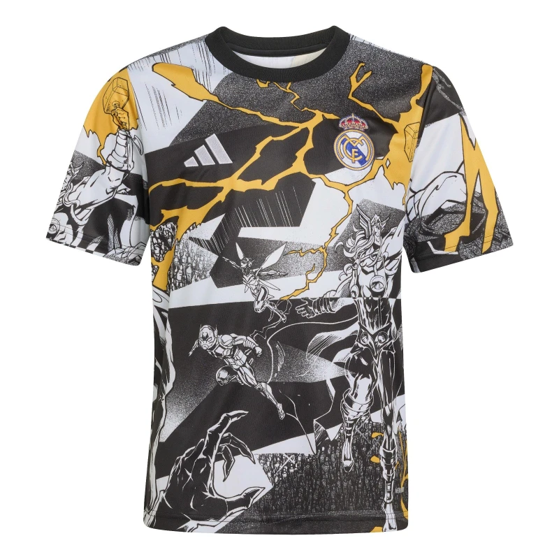 Image of adidas Unisex Kids Real Madrid x Marvel Short Sleeve T-Shirt 2025 2026 White/Black unisex 7-8 Years
