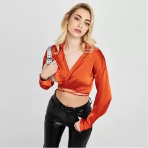 image of Missguided Tie Wrap Satin Shirt - Orange