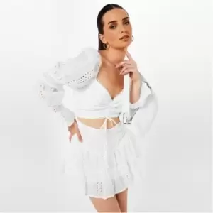Image of Missguided Broderie Anglaise Cut Out Ruched Mini Dress - Grey