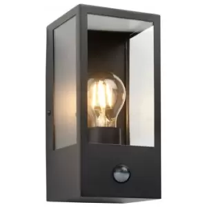 Image of Loops - Matt Black Outdoor Wall Light & pir Sensor - Rectangular Lantern - Clear Glass