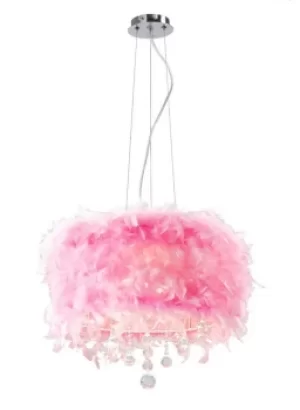 image of Ibis Ceiling Pendant with Pink Feather Shade 3 Light Polished Chrome, Crystal