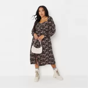 image of Missguided Plus Floral Print Lsmilkmaid Midi Dress - Black