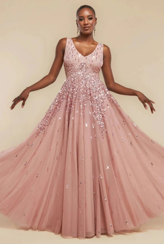 Image of Goddiva Womens Sunray Sequin A Line Sleeveless Maxi Dress in Light Pink Size: 16 Light Pink Female 16