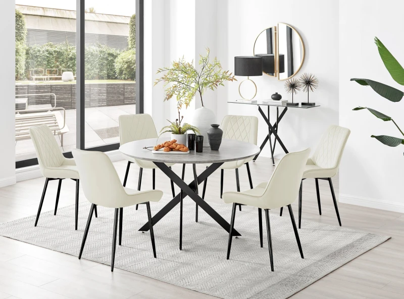 Image of FurnitureboxUK FurnitureboxUK Novara Grey Concrete Effect Black Leg 120cm Round Dining Table & 6 Pesaro Black Leg Chairs in Cream Cream One Size Unise