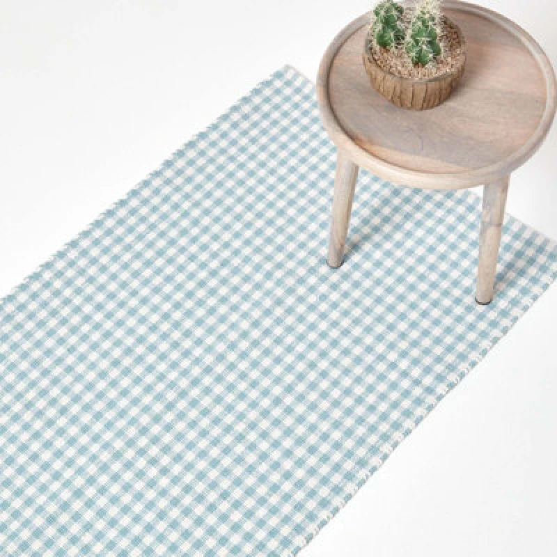 Image of Homescapes Cotton Gingham Check Hand Woven Hall Runner, 66 x 200cm Blue