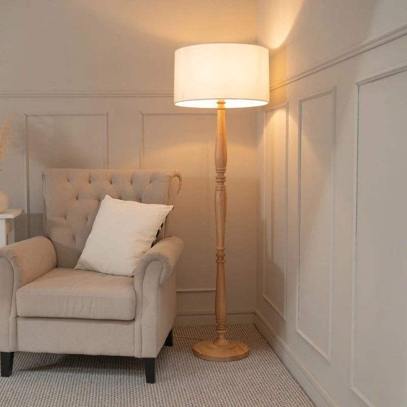 Image of ValueLights Victoria Light Wood Traditional Stem Floor Lamp with Fabric Drum Shade White