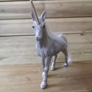 image of SnowTime 17cm Silver Glittery Standing Unicorn Ornament Christmas Decoration