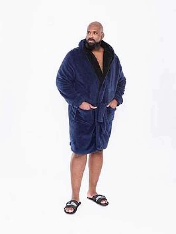 Image of (2XL, Navy) D555 Mens Newquay Big Tall King Size Super Soft Hooded Bath Robe Dressing Gown