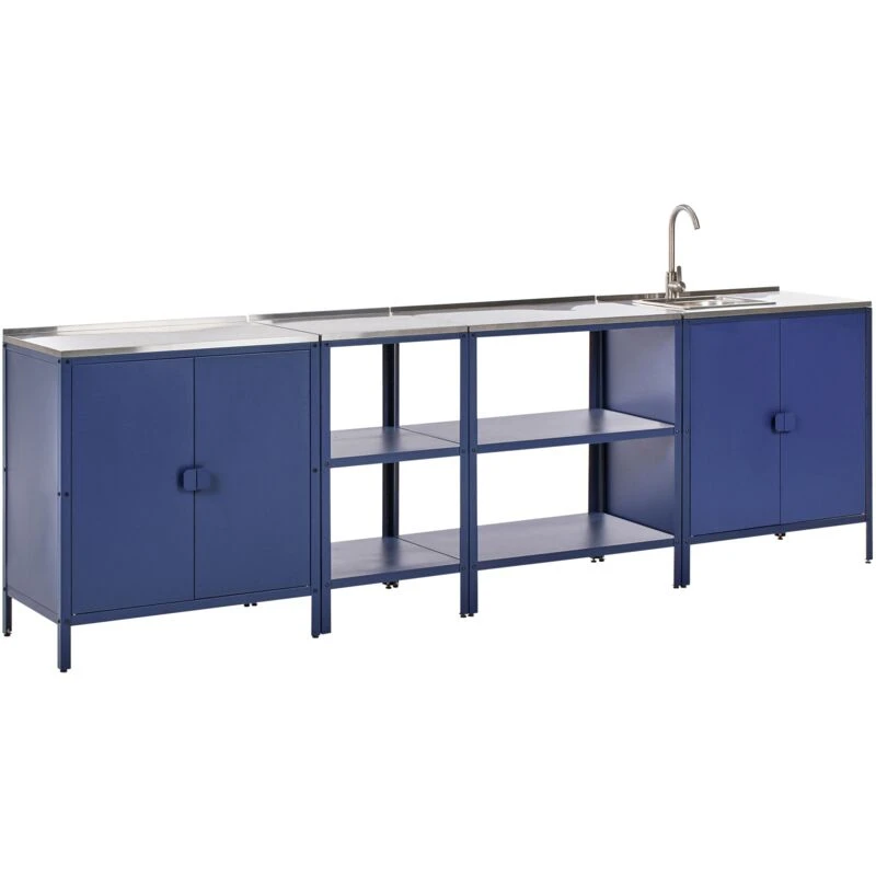 Image of Beliani 4 Piece Outdoor Kitchen Set With Sink Vilama Metal Blue