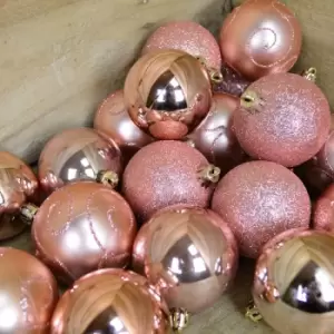 image of 24 Pack 6cm Christmas Tree Baubles 4 Mixed Designs - Rose Gold / Pink