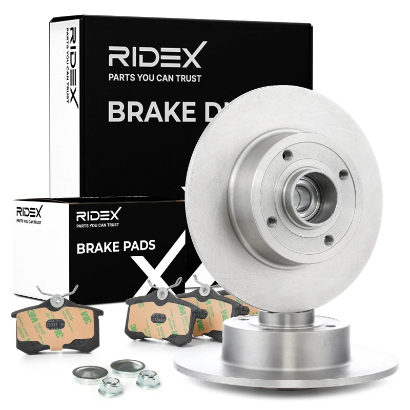 Image of RIDEX 3405B1184 Brake disc and pads set Rear Axle, Brake Disc Type: Solid, not prepared for wear warning indicator, with wheel bearing Brake Set,disc