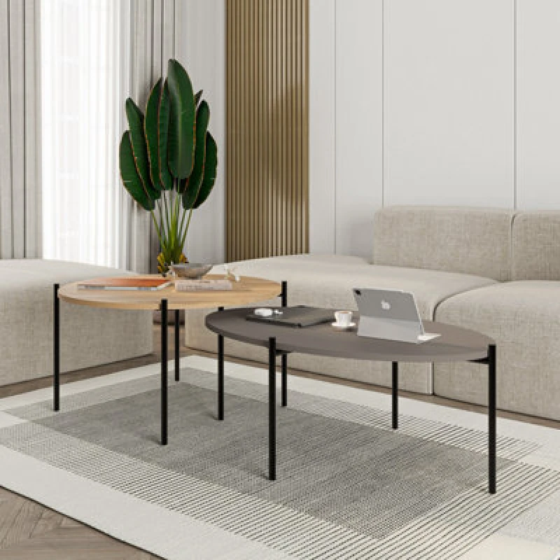 Image of Decortie Odelia Nesting Coffee Table Set, Modern Scandi Design With Metal Legs Oak, Mocha Grey (W) 104Cm