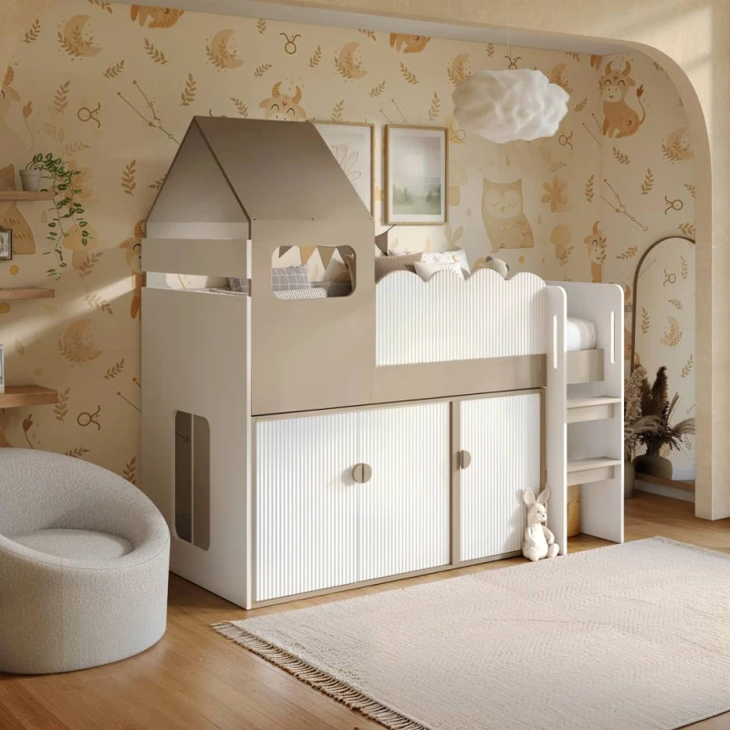 Image of Flair Calista Ribbed House Mid Sleeper Bed with Storage White & Taupe Size: Single White Unisex Single