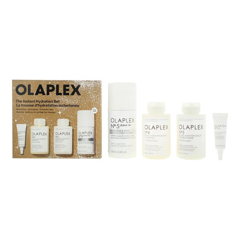 Image of Olaplex Instant Hydration 4 Piece Gift Set: No. 4 Shampoo 100ml - No. 5 Conditioner 100ml -no.5 Leave-in Conditioner 100ml - No.05 Hair Treatment 5ml