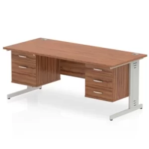 image of Impulse 1800 Rectangle Silver Cable Managed Leg Desk WALNUT 1 x 2 Drawer 1 x 3 Drawer Fixed Ped