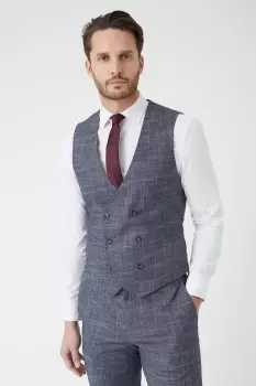 Image of Mens Slim Fit Navy Textured Pow Check Waistcoat