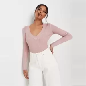 image of Missguided Skinny Rib Knitted V Neck Body - Pink