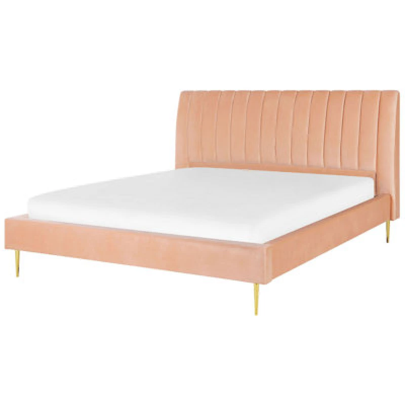 Image of Beliani Bed Velvet Marville 180 X 200 Cm (Eu Super King) Peach Pink