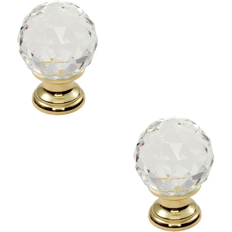 Image of Loops 2x Faceted Crystal Cupboard Door Knob 40mm Dia Polished Brass Cabinet Handle Metallics unisex