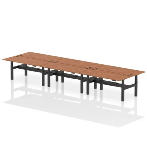 Image of Air Air Back-to-Back 1800 x 800mm Height Adjustable 6 Person Bench Desk Walnut Top with Cable Ports Black Frame HASCP6P18800WNTB