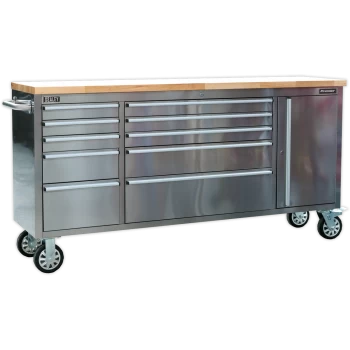 image of Sealey 10 Drawer Mobile Stainless Steel Tool Cabinet and End Cupboard Stainless Steel