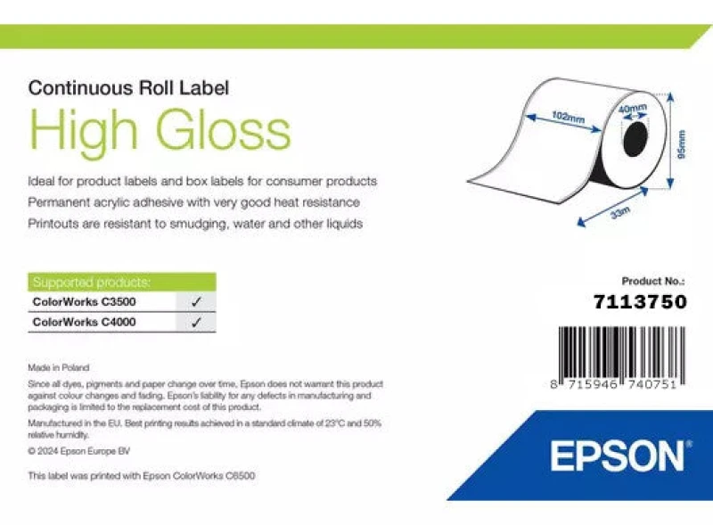 Image of Epson 7113750 High Gloss White Continuous Label Roll 102mm x 33m (Original)