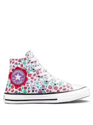 image of Converse Chuck Taylor All Star Hi Childrens Girls Paper Floral Print Trainers -White/Multi, Size 10