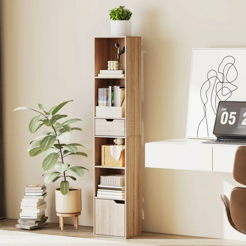 Image of HOMCOM Narrow Bookshelf with Drawer, Tall Bookcase for Living Room in Natural Natural Unisex