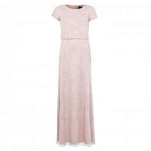 image of Adrianna Papell Short Sleeve Beaded Gown - Silver/Nude