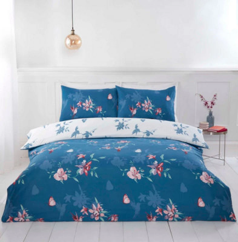 Image of Rapport Home Hummingbird Microfibre Floral Duvet Cover Set With Pillowcase in Blue Size: King Blue Unisex King