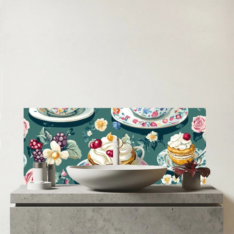 Image of Warren Reed - Designer Vintage Tea Party Glass Bathroom Splashback Multicolor Unisex