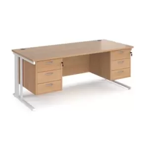 Image of Office Desk Rectangular Desk 1800mm With Double Pedestal Beech Top With White Frame 800mm Depth Maestro 25 MCM18P33WHB